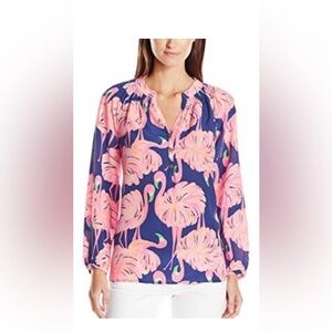 Lilly Pulitzer | Elsa Top | Gimme Some Leg Flamingo | 100% Silk | Sz XS